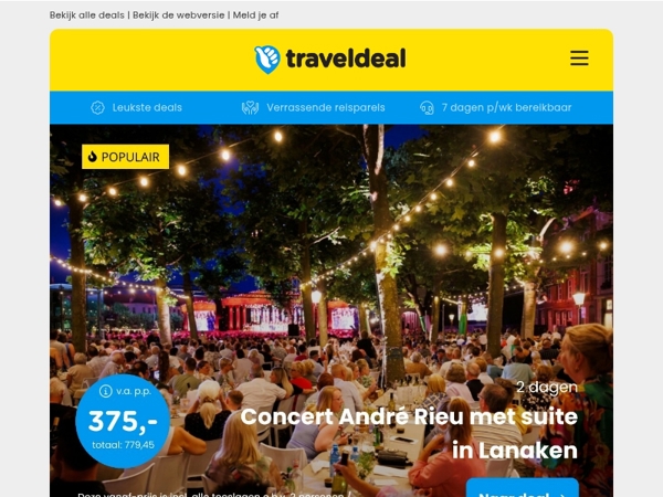 🎻 Concert Andre Rieu 2026 v.a. 375,- p.p. | 🎄 Kerstshoppen Düsseldorf v.a. 80,- p.p.!