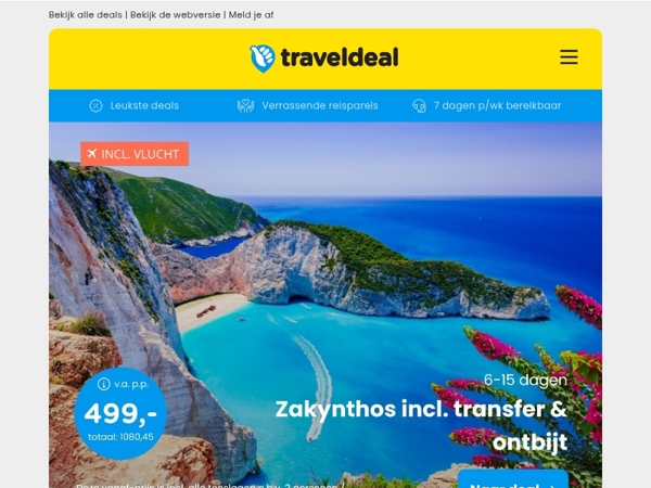 Zakynthos + transfer & ontbijt v.a. 469 😱 | Portugal + ontbijt & huurauto v.a. 399 p.p.!