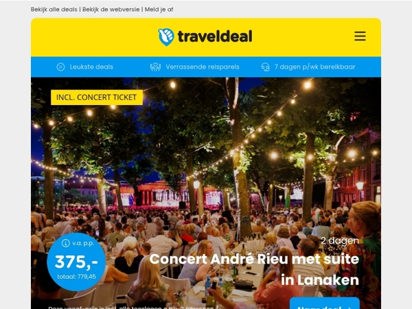 😱 Concert André Rieu 2026 + Luxe suite v.a. 375 | Luxe aan het strand Zandvoort v.a. 37 p.p.!