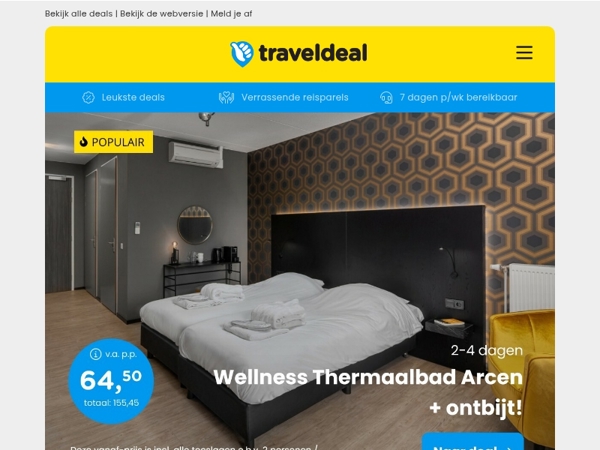 Let op! 🚨 Boek alleen vandaag nog: Thermaalbad Arcen + DELUXE kamer 64,50 p.p.!