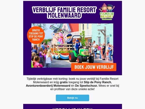 Tijdelijke actie: verblijf op Familie Resort Molenwaard🚜