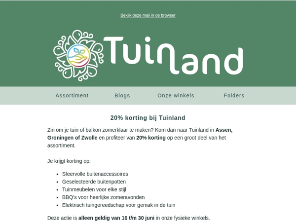 20% korting bij Tuinland t/m 30 juni! ☀️