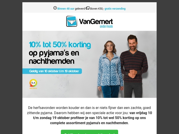 10% tot 50% korting op alle pyjama's en nachthemden