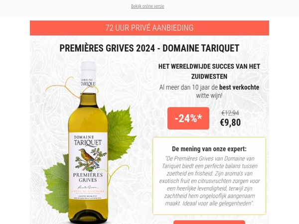 72 uur ⏳ Privé Aanbieding: 24% korting op Tariquet Premières Grives 2024