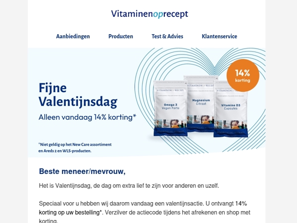 Valentijnsactie: 14% korting op uw bestelling! 💙