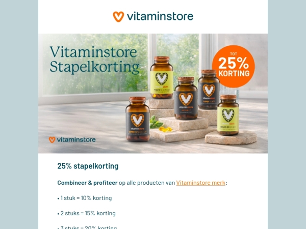 25% stapelkorting op Vitaminstore merk! 