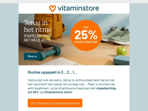 Nu gaan we echt van start: 25% stapelkorting op Vitaminstore merk