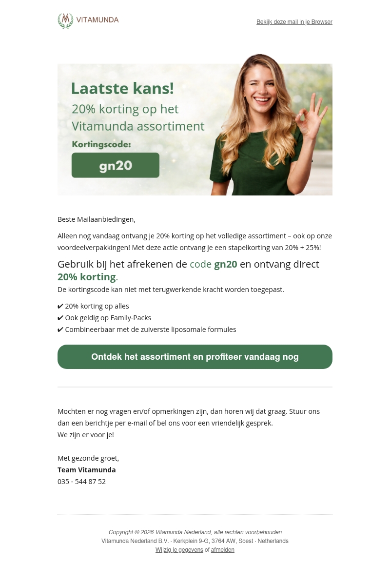 Laatste Dag - 20% korting op het volledige Vitamunda assortiment Laatste Dag - 20% korting op het volledige Vitamunda assortiment