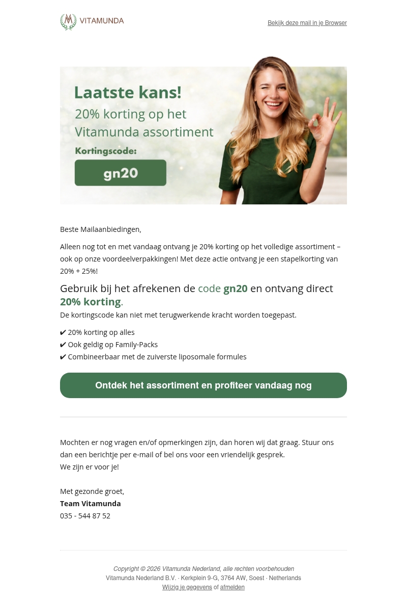 Laatste Kans - 20% korting op het volledige Vitamunda assortiment Laatste Kans - 20% korting op het volledige Vitamunda assortiment