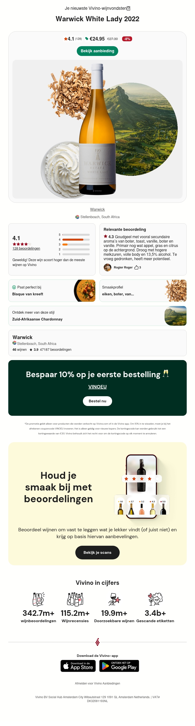 Gebaseerd op jouw voorkeur: Een 4.1 ⭐ Stellenbosch witte wijn voor 24.95€ Gebaseerd op jouw voorkeur: Een 4.1 ⭐ Stellenbosch witte wijn voor 24.95€