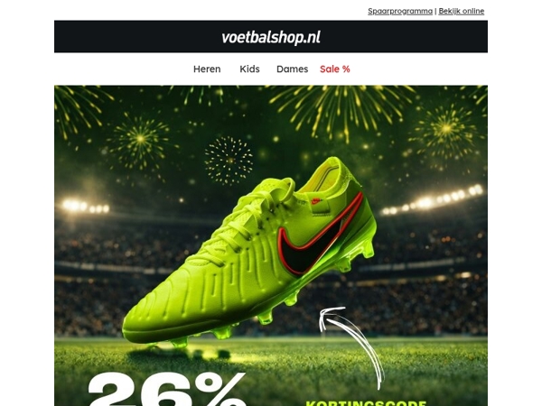 🥂 Happy new year met 26% EXTRA korting op alle Nike Tiempo voetbalschoenen!