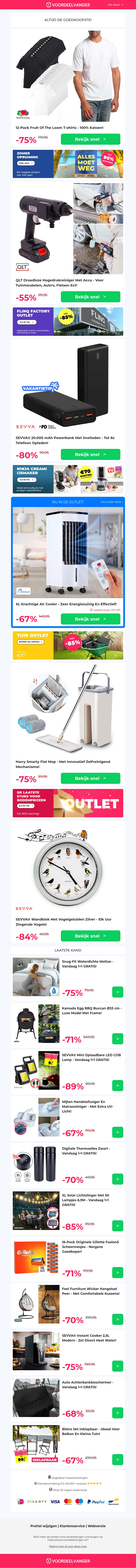 π 12X Fruit Of The Loom T-Shirts -75% / Draadloze Hogedrukreiniger / Powerbank / Flat Mop / Birdsong Wandklok π 12X Fruit Of The Loom T-Shirts -75% / Draadloze Hogedrukreiniger / Powerbank / Flat Mop / Birdsong Wandklok