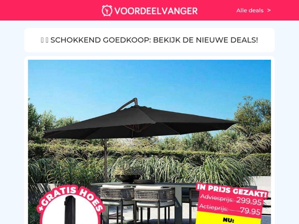 🤑 AFGEPRIJSD! XXL Zweefparasol -77% KORTING / Compressiesokken 3+3 Gratis / Groeiende Tuinslang 1+1 / Opzetborstel 24+24 / Hoofdlamp 1+1