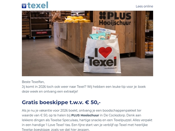 Boek nu je vakantie op Texel voor 2026 en ontvang € 50 boeskippe cadeau