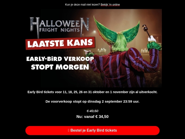 🧟 Laatste kans: Early Bird Halloween stopt morgen!