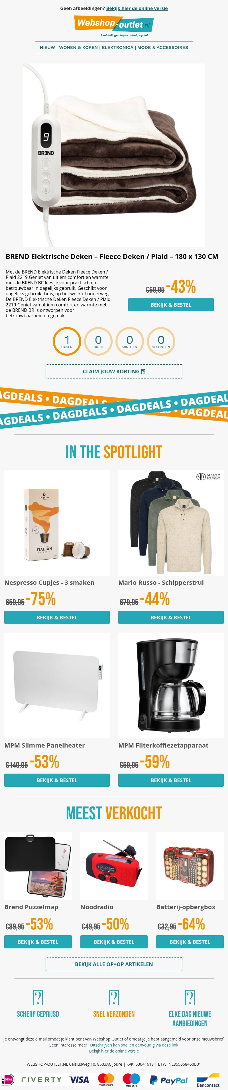 Brend Elektrische deken / Nespresso Cupjes / Mario Russo Schipperstrui / MPM Heater / MPM Filterkoffie apparaat Brend Elektrische deken / Nespresso Cupjes / Mario Russo Schipperstrui / MPM Heater / MPM Filterkoffie apparaat