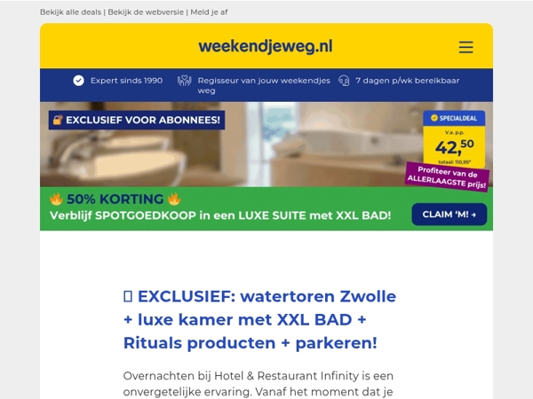 🔐 EXCLUSIEVE DEAL: 50% KORTING! 🔥 Iconische watertoren Zwolle + luxe kamer met XXL BAD & Rituals producten + GRATIS parkeren v.a. 42,50 p.p.! 😱🤯