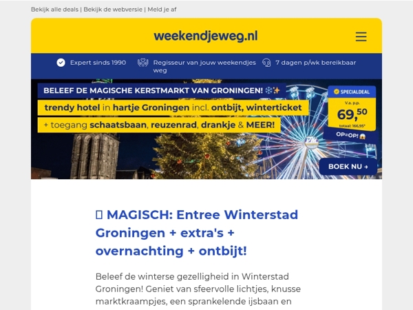 🔔 Nog 100 dagen tot KERST! 🎄 Boek NU: Winterstad Groningen + vele extra's + overnachting + ontbijt v.a. €69,50 p.p.! ❄️✨