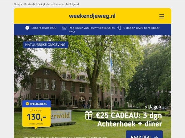 Aanbiedingen met GRATIS weekendjeweg.nl tegoed! 🎁 3 dgn Achterhoek + diner 130 | Holland America Line cruise & meer!