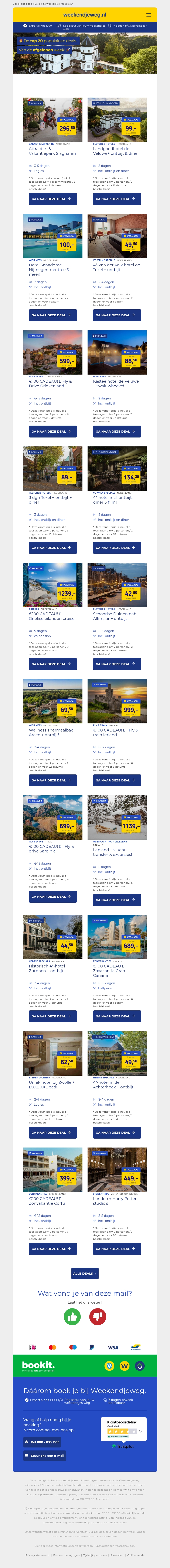 De top 20 populairste deals van de afgelopen week! 👉 Vakantiepark Slagharen v.a. 282,50 | Landgoedhotel de Veluwe 99 & meer! De top 20 populairste deals van de afgelopen week! 👉 Vakantiepark Slagharen v.a. 282,50 | Landgoedhotel de Veluwe 99 & meer!