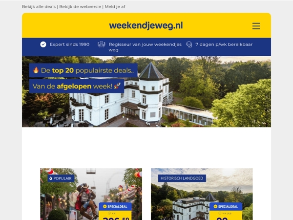 De top 20 populairste deals van de afgelopen week! 👉 Vakantiepark Slagharen v.a. 282,50 | Landgoedhotel de Veluwe 99 & meer!