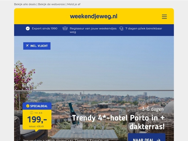 Stedentrip Porto + 4*-hotel met dakterras v.a. 199 | 3 dgn Kloosterhotel Brabant + diner v.a. 95 p.p.!