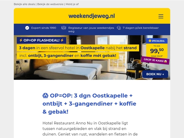 ⚡ OP=OP FLASHDEAL! ⚡ 3 dgn Zeeland + ontbijt + 3-gangendiner + koffie mét gebak v.a. 99,50 p.p.! 😱