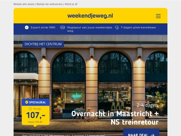 🚆 Stedentrip Maastricht + NS Treinretour v.a. 107 | 4*-hotel op de Veluwe + Zwaluwhoeve v.a. 89 p.p.!