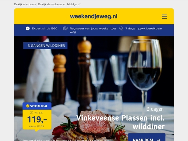 🍷 3 dgn Vinkeveense Plassen + wilddiner v.a. 119 | 🚴 3 dgn aan de Linge incl. ontbijt & diner v.a. 120 p.p.!