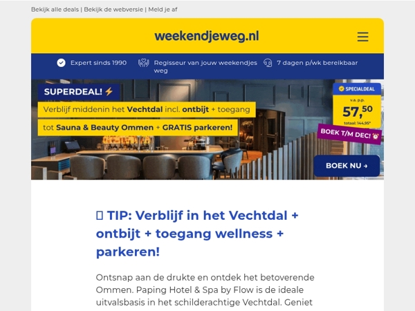 🔥 SUPERDEAL: Wellness hotel middenin het Vechtdal incl. ontbijt + toegang wellness + GRATIS parkeren v.a. 57,50 p.p.! 🌿😍