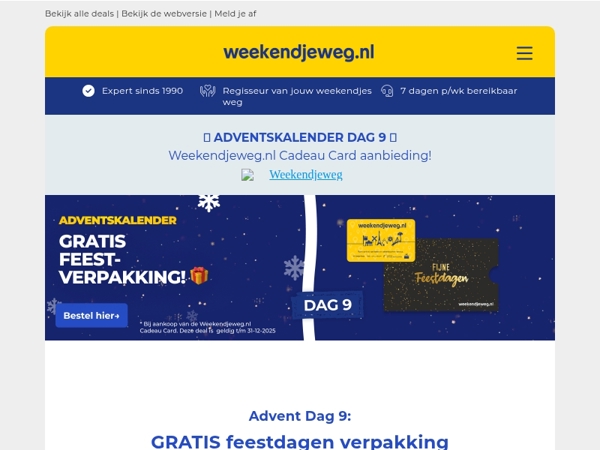 🎁 Advent Dag 9: GRATIS feestdagen verpakking bij een Weekendjeweg.nl Cadeau Card!