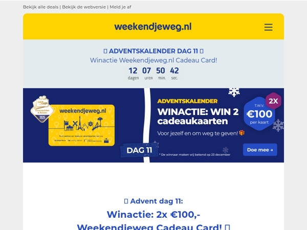 🎁 Advent Dag 11: Winactie 2x €100,- Weekendjeweg Cadeau Card! 🎉