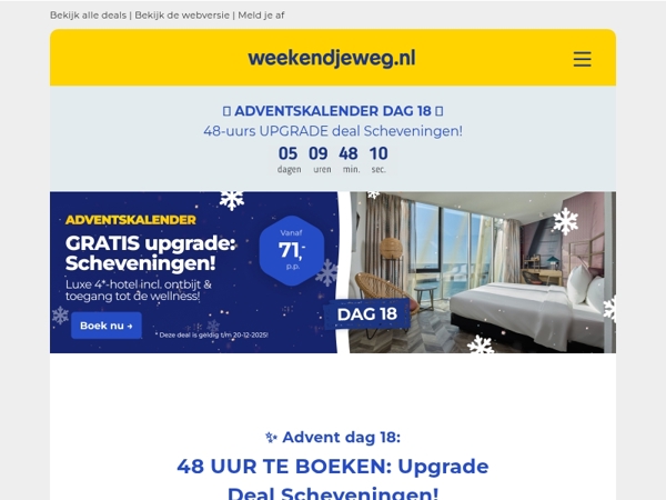 🎁 Advent Dag 18: 48-UURS DEAL! 🔥 4*-hotel Scheveningen + kamer upgrade + ontbijt + toegang wellness! 😱🤯