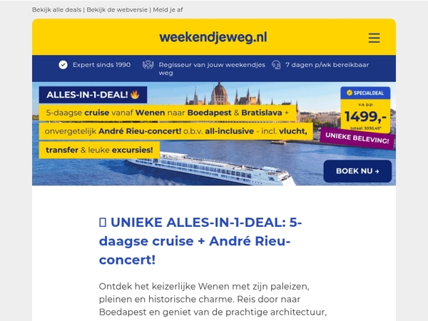 🔥 UNIEKE ALLES-IN-1-DEAL: 5-daagse cruise Wenen, Boedapest & Bratislava + onvergetelijk André Rieu-concert + EXTRA'S v.a. 1499,- p.p.!