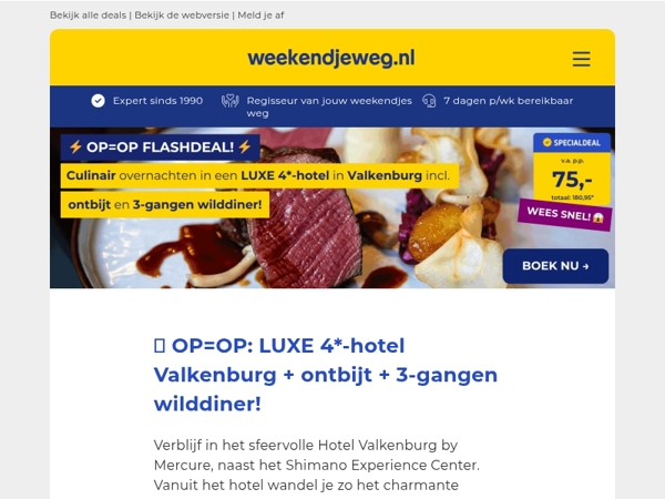 😱 OP=OP DEAL: LUXE 4*-hotel in Valkenburg + ontbijt + 3-gangen wilddiner v.a SLECHTS 75,- p.p.! 🍷🍂