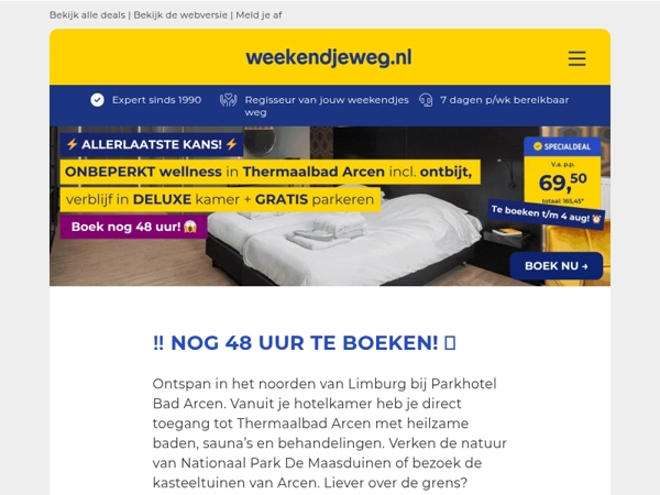 ‼️ NOG 48 UUR TE BOEKEN! ⏰ Onbeperkt wellness in Thermaalbad Arcen + ontbijt + DELUXE kamer + GRATIS parkeren vanaf 69,50 p.p.!