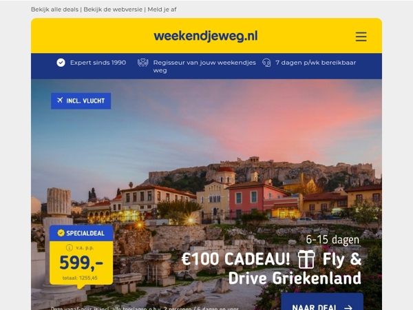 Langer dan een weekendje weg deals! 😍 Fly & Drive Griekenland v.a. 599 | Zonvakantie Corfu v.a. 599 p.p.!
