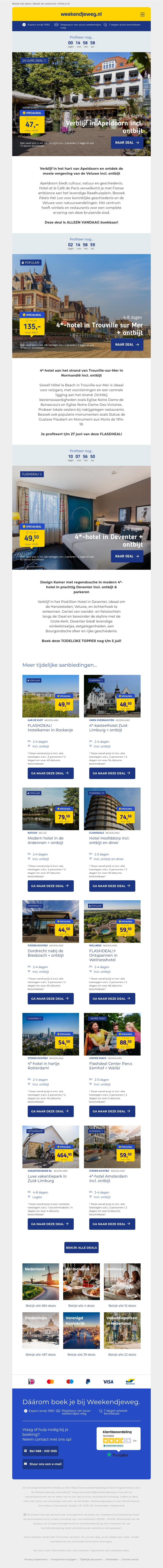 Deze deals lopen af.. ⏳ Apeldoorn + ontbijt €47 | Trouville sur Mer + ontbijt €135 | Deventer + ontbijt + parkeren €49,50 Deze deals lopen af.. ⏳ Apeldoorn + ontbijt €47 | Trouville sur Mer + ontbijt €135 | Deventer + ontbijt + parkeren €49,50