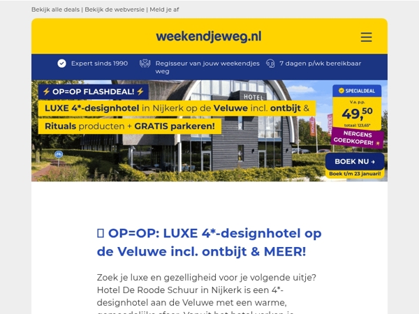 ⚡ OP=OP FLASHDEAL! ⚡ LUXE 4*-designhotel op de Veluwe + ontbijt & meer v.a. SLECHTS 49,50 p.p.! 😱🔥
