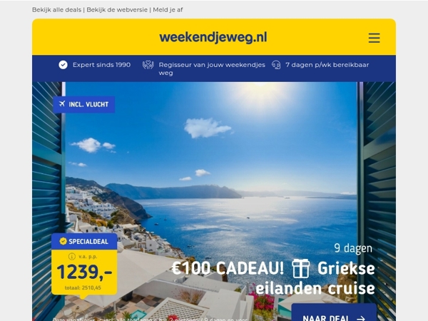 Vroegboek Vakanties! 🚨 + 100 euro GRATIS Weekendjeweg.nl tegoed 🎁