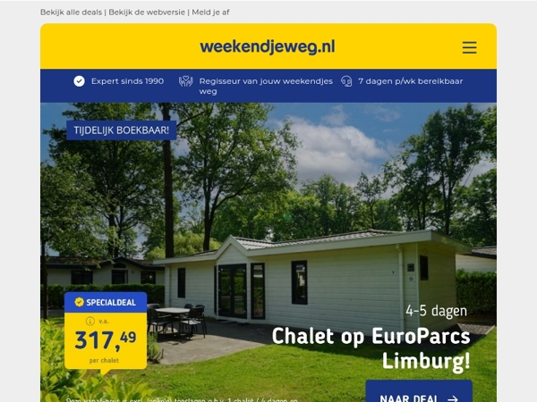 Bijna afgelopen! ⚠️ EuroParcs Limburg v.a. 317,49 per chalet | 4-8 dgn all-inclusive aan de Rijn v.a. 199 p.p.!