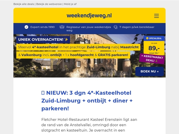 🔥 NIEUW: 3 dgn in een 4*-Kasteelhotel Zuid-Limburg incl. ontbijt & hoofdgerecht + GRATIS parkeren v.a. 89,- p.p.!