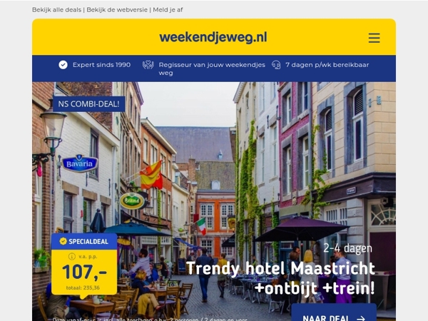 🔥 EXCLUSIEF: NS Combi-Deals! 👉 Overnachting Maastricht, Amsterdam of Utrecht + ontbijt + NS treinretour v.a. 98,- p.p.! 😱⚡️