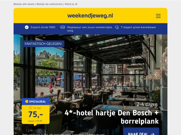 4*-hotel hartje Den Bosch + borrelplank v.a. 75 | 3 dgn aan de Rijn in Boppard v.a. 109 p.p.!