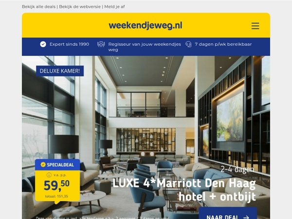 🌊 LUXE 4*-Marriot Den Haag + ontbijt & DELUXE kamer 59,50 | 4*-hotel Dokkum + wellness v.a. 129 p.p.! 😌