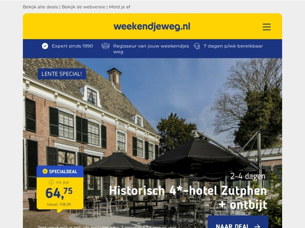 🏰 Historisch 4*-hotel in hartje Zutphen + ontbijt v.a. 64,75 | Luxe 4*-hotel de Veluwe + ontbijt + RITUALS v.a. 44,50 p.p.!