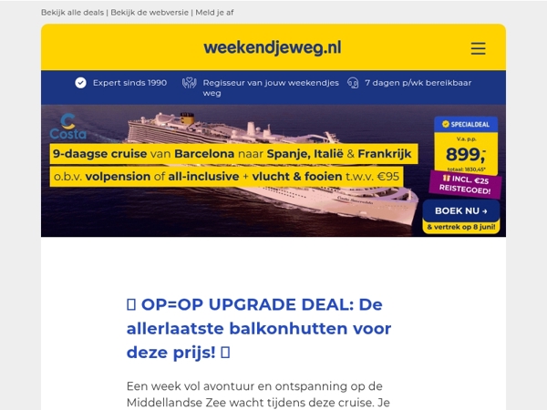 BALKONHUT OP=OP ACTIE! 🔥 9-daagse cruise Spanje, Italië & Frankrijk + VOLPENSION incl. vlucht & fooien v.a. SLECHTS 899,- p.p.! 🤯