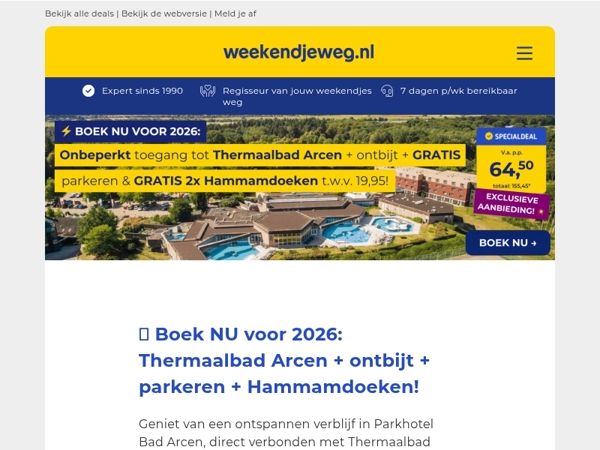 💥 Boek NU voor HÉÉL 2026: ONBEPERKT entree Thermaalbad Arcen + LUXE ontbijt + parkeren + GRATIS 2x Hammamdoeken v.a. 64,50 pp! 🤯