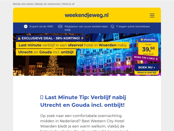 💥 -39% Last Minute KORTING! ⏰ Verblijf nabij Utrecht & Gouda + ontbijt v.a. SLECHTS 39,50 p.p. 😱