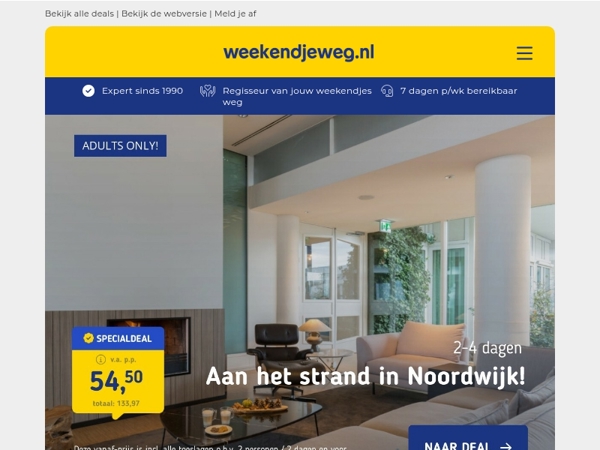 Adults Only hotel Noordwijk + ontbijt v.a. 54,50 | 2/4 dgn Groningen bij de Waddenzee + ontbijt v.a. 24,50 p.p.!